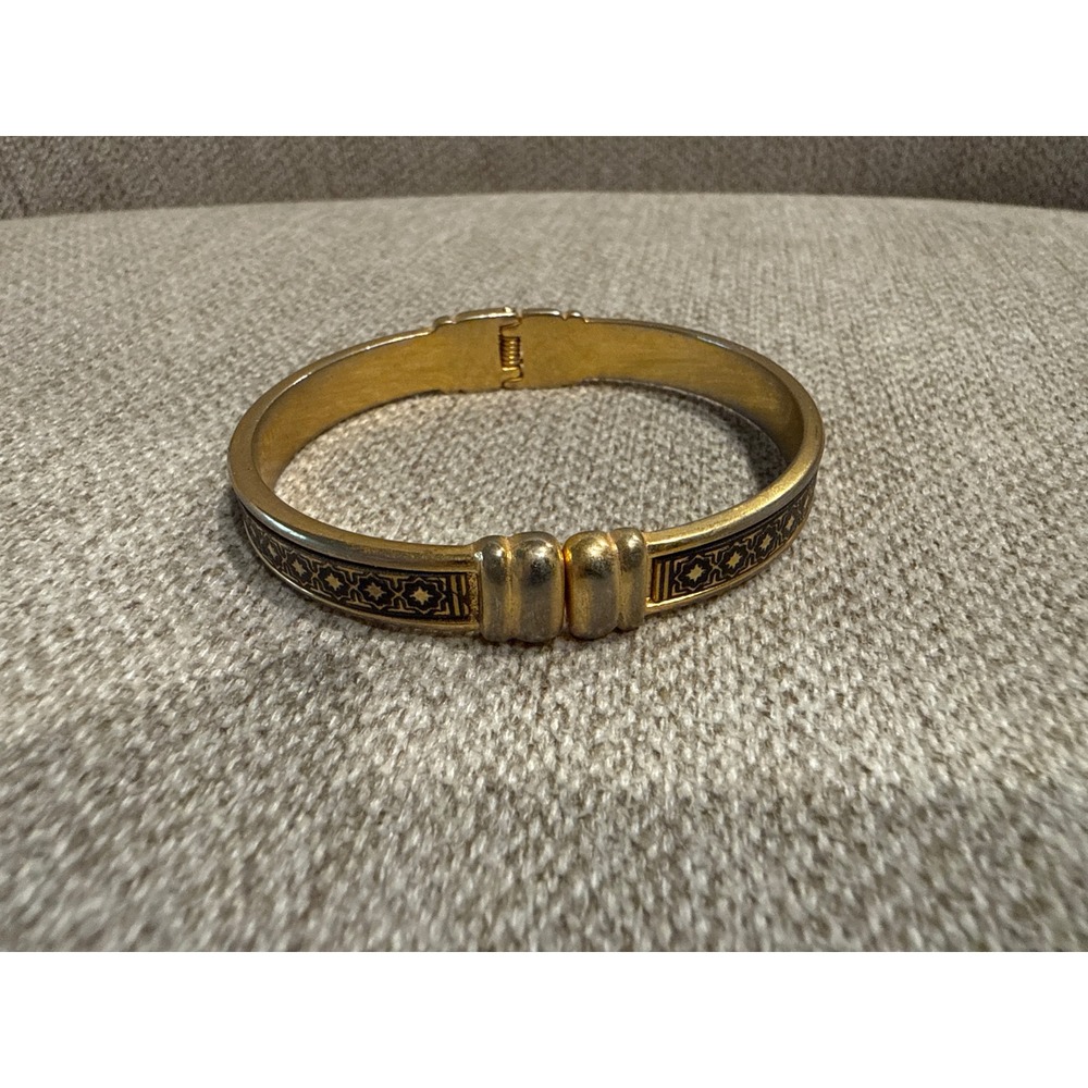 Vintage Damascene Bangle Bracelet Gold Tone Etched Geometric Hinged Toledo Style